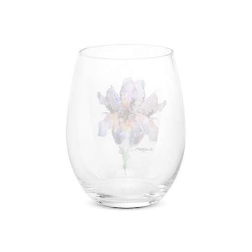 Back view of a clear stemless wine glass with a watercolor image of a purple iris.