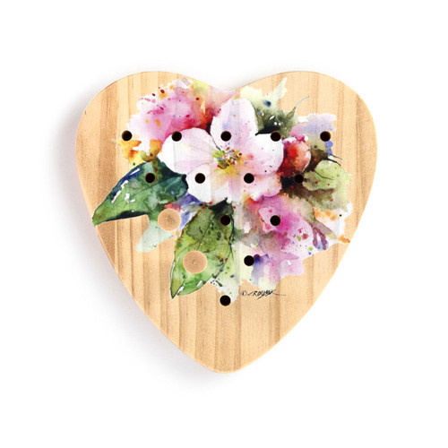 A wood heart shaped peg game with a watercolor image of an apple blossom, displayed with two pegs in the game.