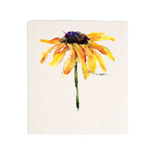 A white biodegradable dish cloth with a watercolor image of a black eyed susan.