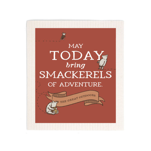 A red biodegradable dish cloth that says "May Today bring Smackerels of Adventure in the Great Outdoors" with small images of Pooh and Piglet.