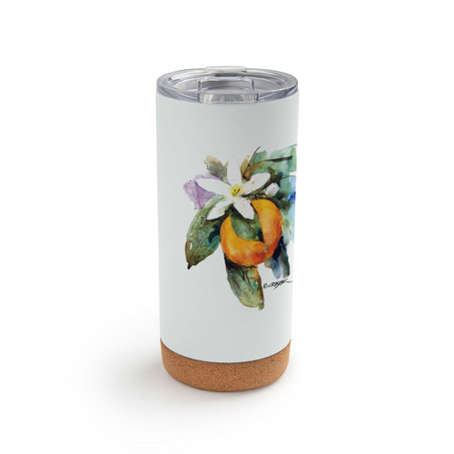 A white cork bottom tumbler with a watercolor image of an orange blossom.