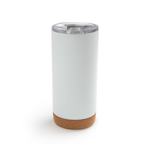 Back view of a white cork bottom tumbler with a watercolor image of an orange blossom.