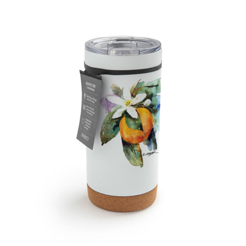 A white cork bottom tumbler with a watercolor image of an orange blossom, displayed with a product tag attached.