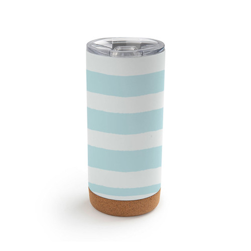 Back view of a white and light blue striped cork bottom tumbler with a clear plastic lid. There is an image of Pooh characters sitting in a chair and it says "Are we making memories?" asked Piglet. "Feels like it." said Pooh.