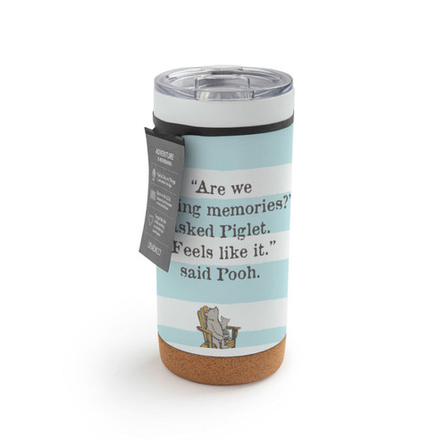 A white and light blue striped cork bottom tumbler with a clear plastic lid. There is an image of Pooh characters sitting in a chair and it says "Are we making memories?" asked Piglet. "Feels like it." said Pooh, displayed with a product tag attached.
