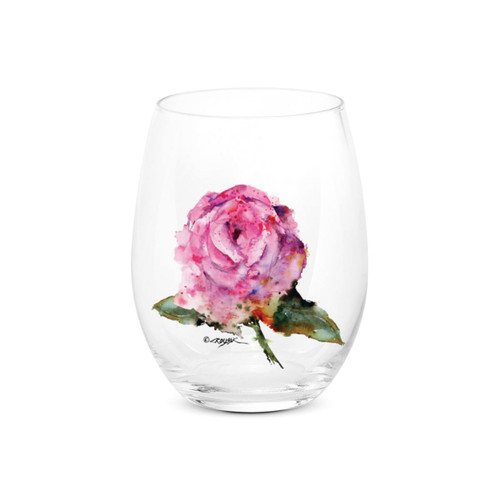 A clear stemless wine glass with a watercolor image of a pink rose.