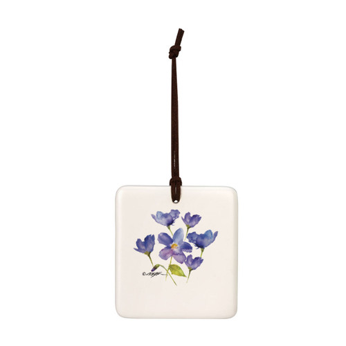 A square cream hanging tile magnet ornament with a watercolor image of a purple violet.