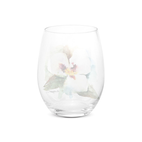 Back view of a clear stemless wine glass with a watercolor image of a sego lily.