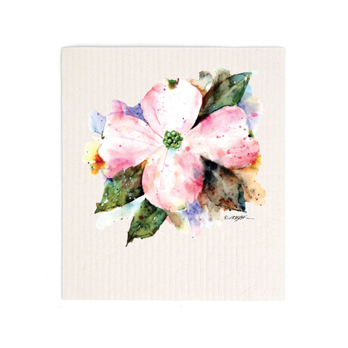 A white biodegradable dish cloth with a watercolor image of an American dogwood.