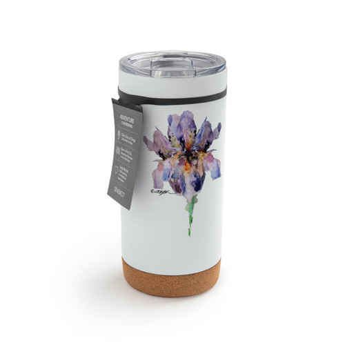 A white cork bottom tumbler with a watercolor image of a purple iris, displayed with a product tag attached.