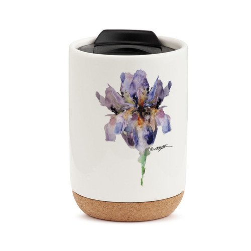 A white travel mug with a cork base, a black lid, and a watercolor image of a purple iris.