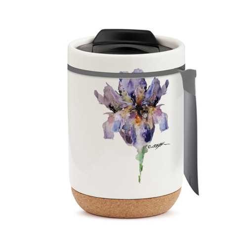 A white travel mug with a cork base, a black lid, and a watercolor image of a purple iris, displayed with a product tag attached.