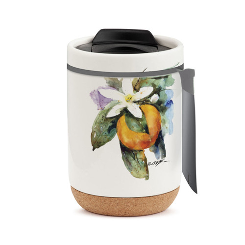A white travel mug with a cork base, a black lid, and a watercolor image of an orange blossom, displayed with a product tag attached.