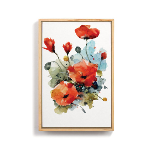 A light wood framed wall art of watercolor red poppies.
