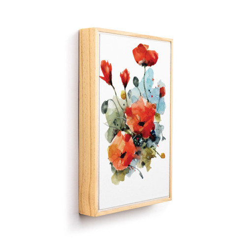 A light wood framed wall art of watercolor red poppies, displayed angled to the right.
