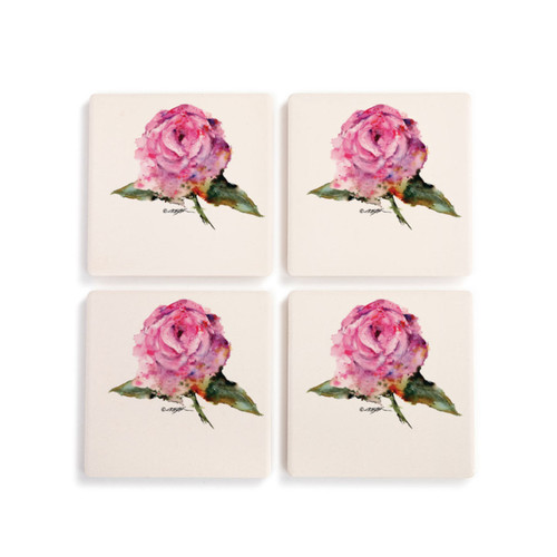 A set of four ceramic square coasters with a watercolor image of a pink rose.