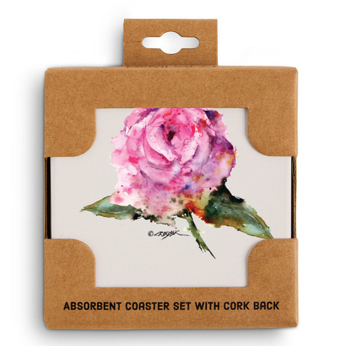A set of four ceramic square coasters with a watercolor image of a pink rose, displayed in a packaging box.