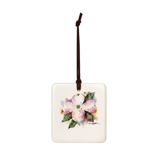 A square cream hanging tile magnet ornament with a watercolor image of an American dogwood.
