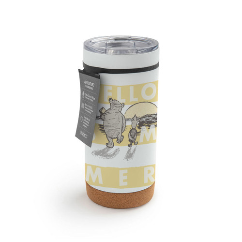 A white and yellow striped cork bottom tumbler with a clear plastic lid. There is an image of Pooh and Piglet walking and it says "Hello Summer", displayed with a product tag attached.