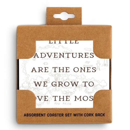 A set of four square ceramic coasters that say "Little Adventures Are The Ones We Grow To Love The Most" with the hundred acre wood in the background, displayed in a packaging box.
