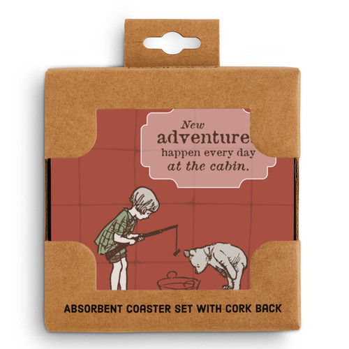 A set of four red square ceramic coasters that say "New adventures happen every day at the cabin" with an image of Christopher Robin and Pooh fishing in a tub, displayed in a packaging box.