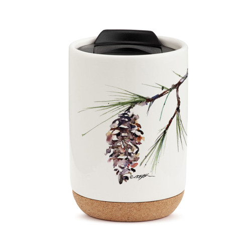 A white travel mug with a cork base, a black lid, and a watercolor image of a white pine branch.