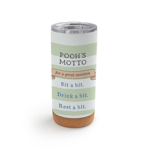 A white and light green striped cork bottom tumbler with a clear plastic lid. The tumbler says "Pooh's Motto for a great vacation".