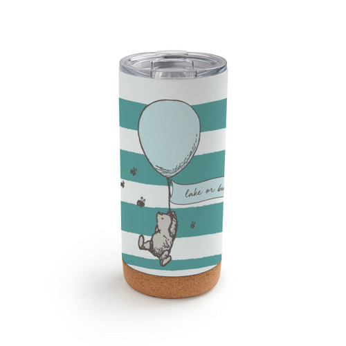 A white and green striped cork bottom tumbler with a clear plastic lid. There is an image of Pooh floating with a balloon.
