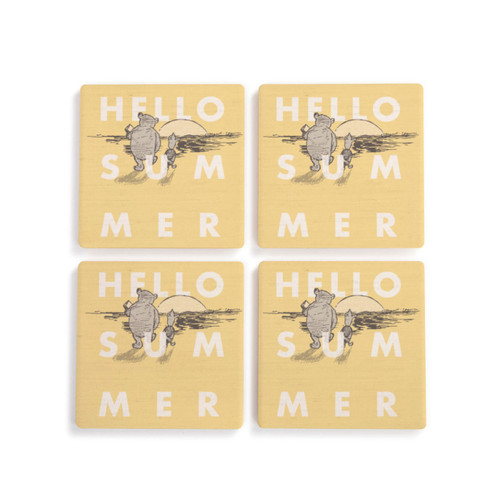 A set of four yellow square ceramic coasters that say "Hello Summer" with Pooh and Piglet walking into the sunset.