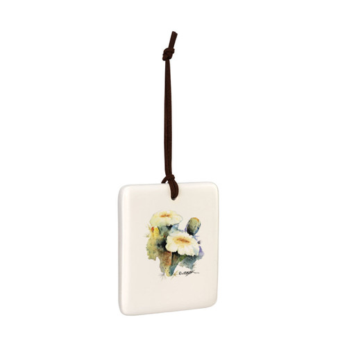 A square cream hanging tile magnet ornament with a watercolor image of a flowering saguaro cactus, displayed angled to the right.