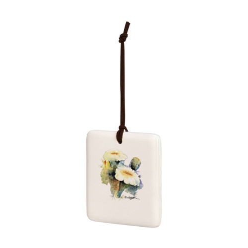 A square cream hanging tile magnet ornament with a watercolor image of a flowering saguaro cactus, displayed angled to the left.
