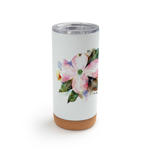 A white cork bottom tumbler with a watercolor image of a flowering American dogwood.
