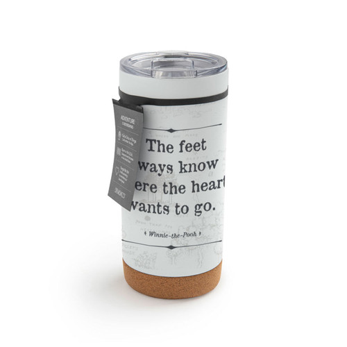 A white cork bottom tumbler with a clear plastic lid. The tumbler says "The feet always know where the heart wants to go" with the hundred acre wood lightly in the background, displayed with a product tag attached.