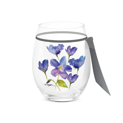 A clear stemless wine glass with a watercolor image of a violet, displayed with a product tag attached.