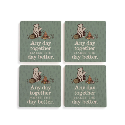 A set of four green square ceramic coasters that say "Any day together makes the day better" with Pooh and Piglet in front of a campfire.