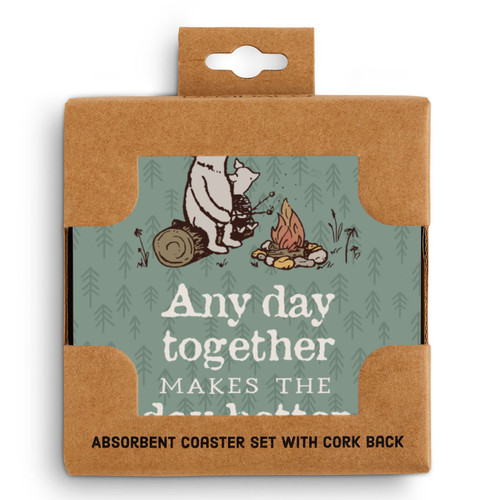 A set of four green square ceramic coasters that say "Any day together makes the day better" with Pooh and Piglet in front of a campfire, displayed in a packaging box.