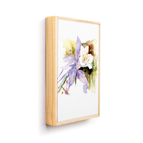 A light wood framed wall art of a watercolor columbine, displayed angled to the right.