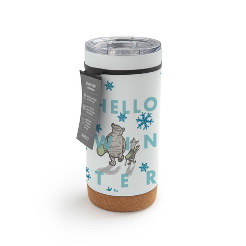 A white cork bottom tumbler with a clear plastic lid. There is an image of Pooh and Piglet walking and it says "Hello Winter" with blue snowflakes, displayed with a product tag attached.