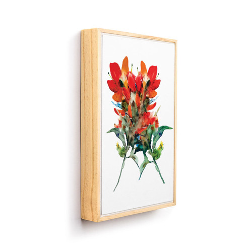 A light wood framed wall art of a watercolor red Indian paintbrush, displayed angled to the right.