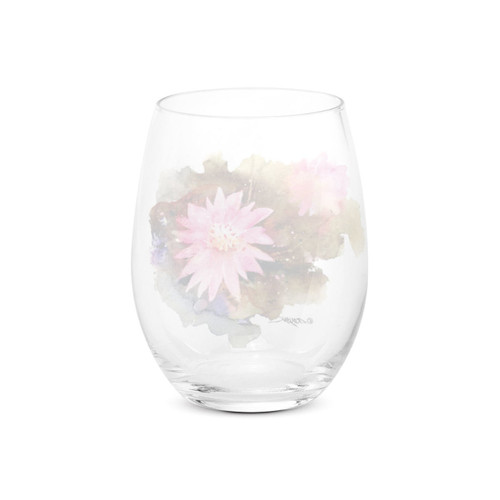 Back view of a clear stemless wine glass with a watercolor image of a bitterroot.