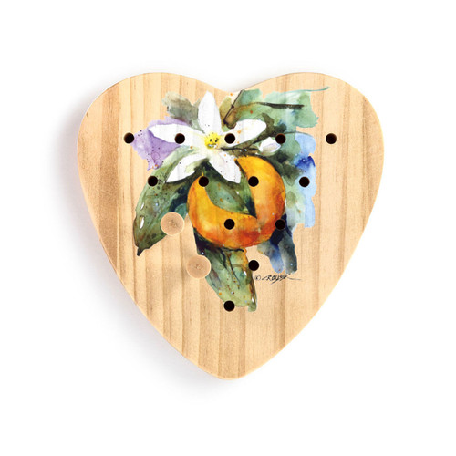 A wood heart shaped peg game with a watercolor image of an orange blossom, displayed with two pegs in the game.