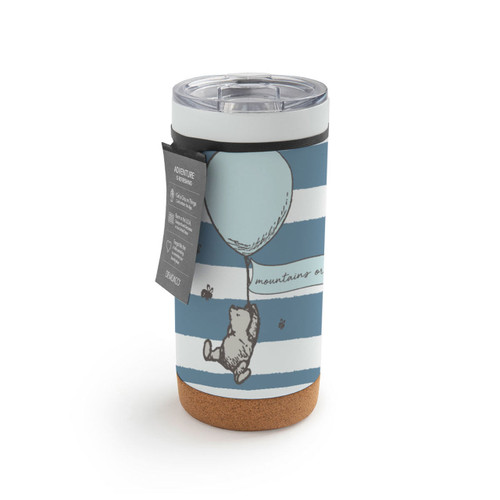 A white and blue striped cork bottom tumbler with a clear plastic lid. There is an image of Pooh floating with a balloon, displayed with a product tag attached.