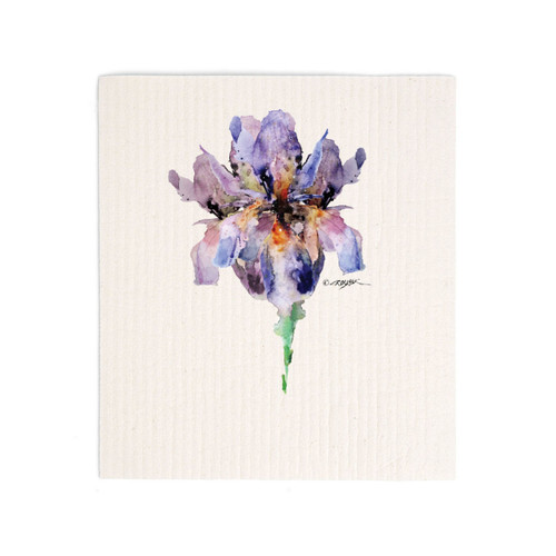 A white biodegradable dish cloth with a watercolor image of a purple iris.