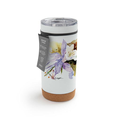 A white cork bottom tumbler with a watercolor image of a columbine, displayed with a product tag attached.