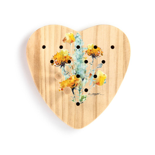 A wood heart shaped peg game with a watercolor image of a sagebrush, displayed with two pegs in the game.