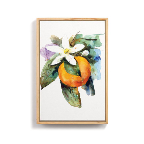 A light wood framed wall art of a watercolor orange blossom.