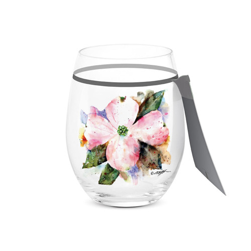 A clear stemless wine glass with a watercolor image of an American dogwood, displayed with a product tag attached.