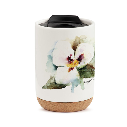 A white travel mug with a cork base, a black lid, and a watercolor image of a sego lily.