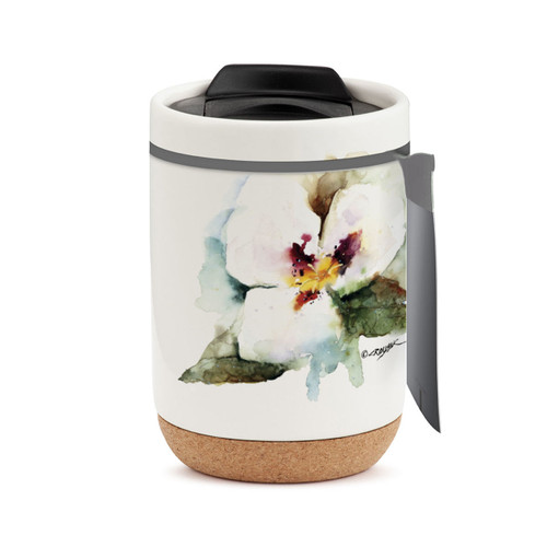 A white travel mug with a cork base, a black lid, and a watercolor image of a sego lily, displayed with a product tag attached.