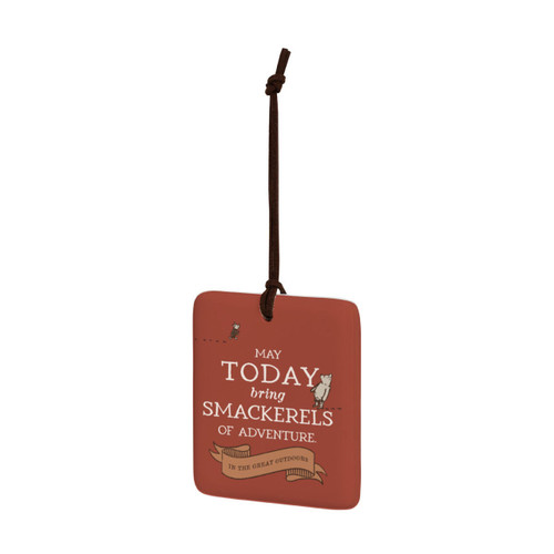 A square red hanging tile magnet ornament that says "May Today bring Smackerels of Adventure in the great outdoors" with an image of Pooh and Piglet, displayed angled to the left.